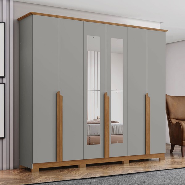 Guarda-Roupa Casal Andréas 6 Portas 6 Gavetas com Espelho Cinza/Nature - Henn
