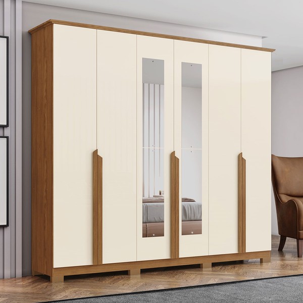 Guarda-Roupa Casal Andréas 6 Portas 6 Gavetas com Espelho Nature/Off White - Henn