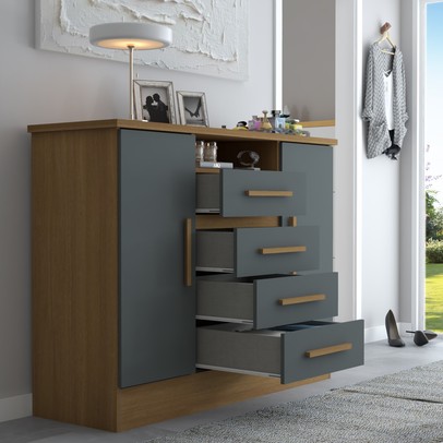 Cômoda Canadá 2 Portas 4 Gavetas 100% Mdf Cinamomo/Chumbo - Panorama Móveis