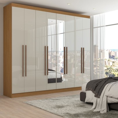 Guarda-Roupa Casal Ele e Ela 8 Portas 8 Prateleiras com Espelho Cinamomo/Off White - Panorama Móveis