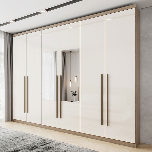 Guarda-Roupa Casal Jade 6 Portas 3 Gavetas com Espelho Rústico/Off White - Henn