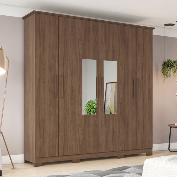 Guarda-Roupa Casal Cover 6 Portas 3 Gavetas com Espelho Castanho - Henn