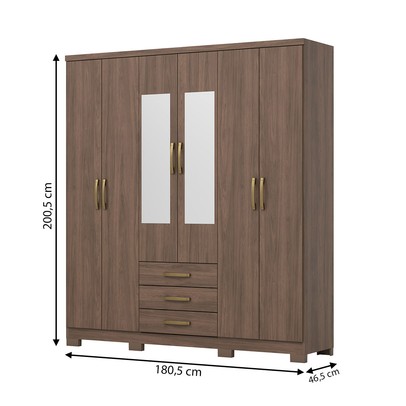 Guarda-Roupa Solteiro Caju 6 Portas 3 Gavetas com Espelho Castanho - Henn