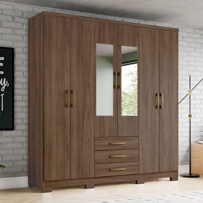 Guarda-Roupa Solteiro Caju 6 Portas 3 Gavetas com Espelho Castanho - Henn
