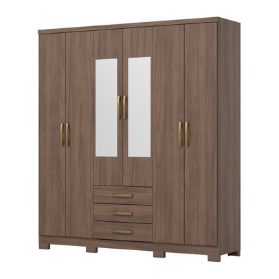 Guarda-Roupa Solteiro Caju 6 Portas 3 Gavetas com Espelho Castanho - Henn