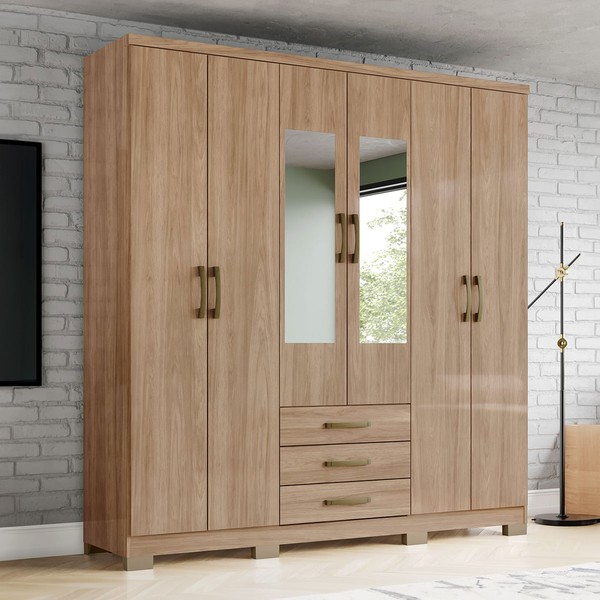 Guarda-Roupa Solteiro Caju 6 Portas 3 Gavetas com Espelho Jequitibá - Henn