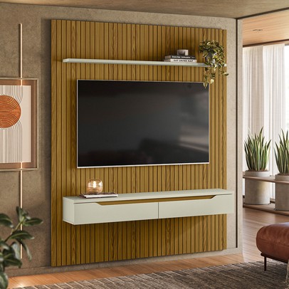 Painel para TV Até 65 Polegadas Dduetto Frizz 2 Portas Cedro/Off White - Olivar Móveis