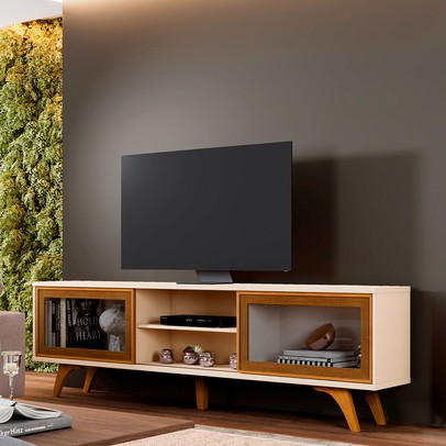 Rack para TV Até 60 Polegadas Reflecta 2 Portas com Vidro Off White/Naturalle - Mavaular