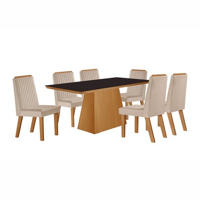Mesa de Jantar 6 Lugares Prada com Vidro Cinamomo/Preto/Creme - Lj Móveis