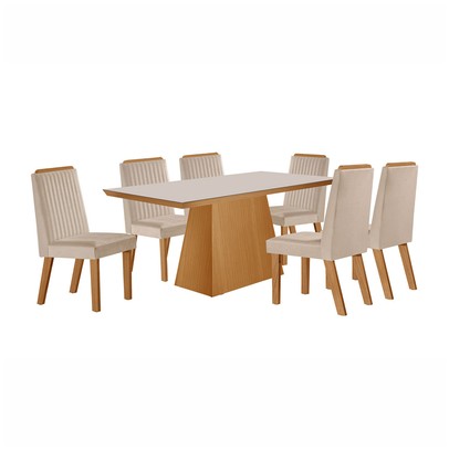 Mesa de Jantar 6 Lugares Prada com Vidro Cinamomo/Off White/Creme - Lj Móveis