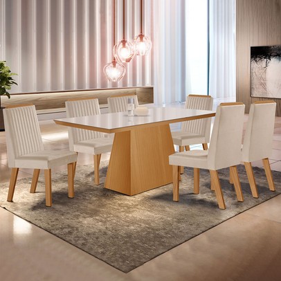 Mesa de Jantar 6 Lugares Prada com Vidro Cinamomo/Off White/Creme - Lj Móveis