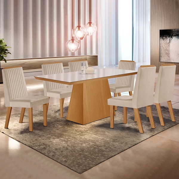Mesa de Jantar 6 Lugares Prada com Vidro Cinamomo/Off White/Creme - Lj Móveis