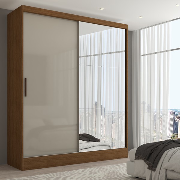 Guarda-Roupa Solteiro Istambul 2 Portas 2 Gavetas com Espelho Cinamomo/Off White - Panorama Móveis