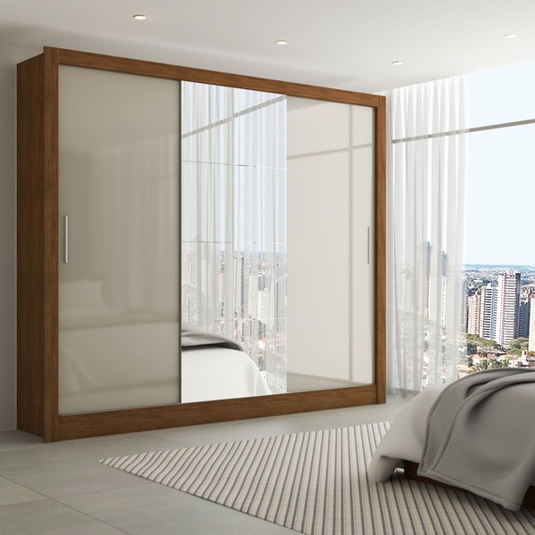 Guarda-Roupa Casal Katherine 3 Portas 3 Gavetas com Espelho Cinamomo/Off White - Panorama Móveis