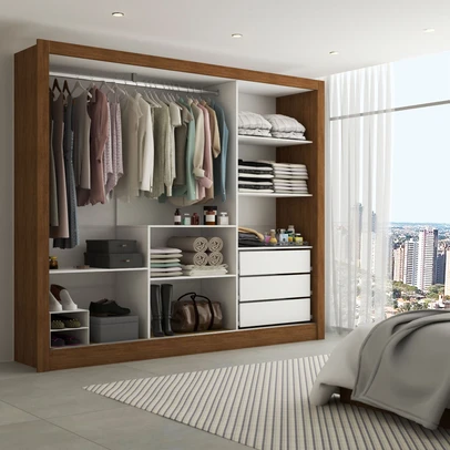Guarda-Roupa Casal Katherine 3 Portas 3 Gavetas com Espelho Cinamomo/Off White - Panorama Móveis