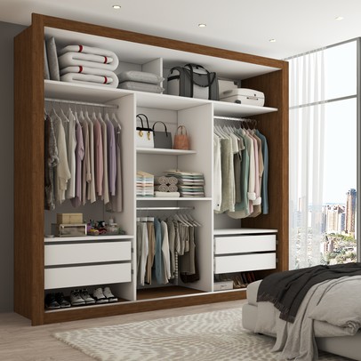 Guarda-Roupa Casal Hamburgo 3 Portas 4 Gavetas com Espelho Cinamomo/Off White - Panorama Móveis
