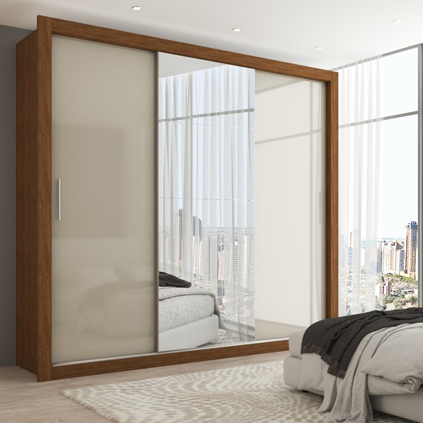 Guarda-Roupa Casal Hamburgo 3 Portas 4 Gavetas com Espelho Cinamomo/Off White - Panorama Móveis