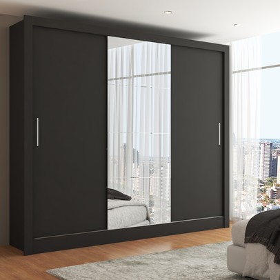 Guarda-Roupa Casal Katherine Slim 3 Portas com Espelho Preto - Panorama Móveis