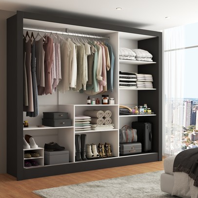 Guarda-Roupa Casal Katherine Slim 3 Portas com Espelho Preto - Panorama Móveis
