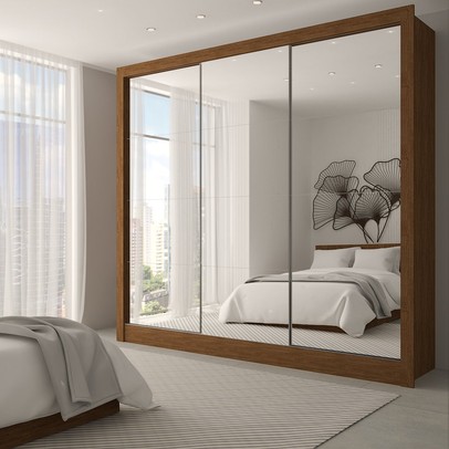 Guarda-Roupa Casal Giulia 3 Portas 3 Gavetas com Espelho Cinamomo - Panorama Móveis