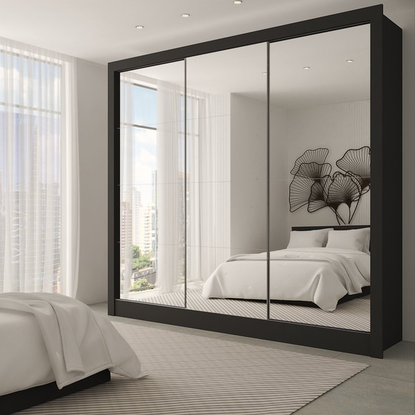 Guarda-Roupa Casal Giulia 3 Portas 3 Gavetas com Espelho Preto - Panorama Móveis