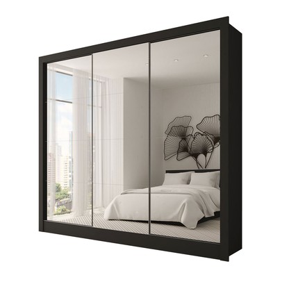 Guarda-Roupa Casal Giulia 3 Portas 3 Gavetas com Espelho Preto - Panorama Móveis