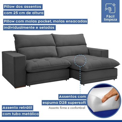 Sofá Retrátil e Reclinável Martinho 250cm Veludo Cinza  - Celflex