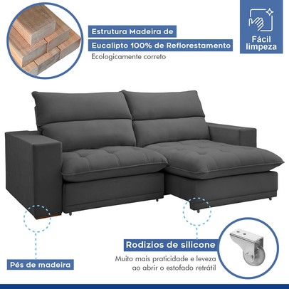 Sofá Retrátil e Reclinável Martinho 250cm Veludo Cinza  - Celflex