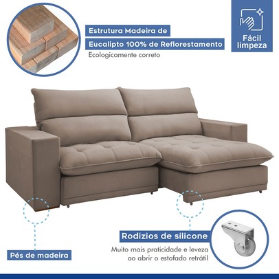 Sofá 4 Lugares Martinho Retrátil 20585 Veludo Bege Escuro - Celflex