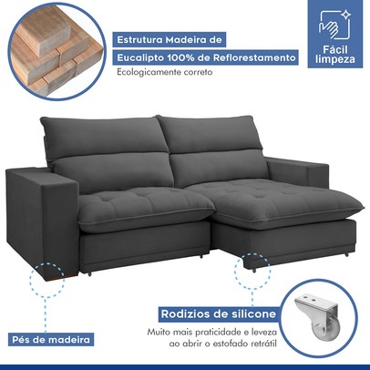 Sofá 4 Lugares Martinho Retrátil 20585 Veludo Cinza - Celflex