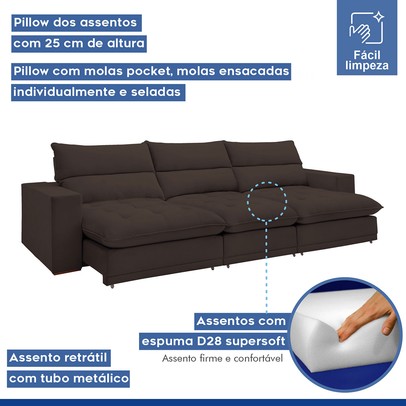 Sofá 4 Lugares Martinho Retrátil 20586 Veludo Marrom  - Celflex