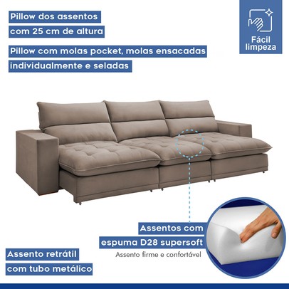 Sofá 4 Lugares Martinho Retrátil Veludo Bege Escuro - Celflex