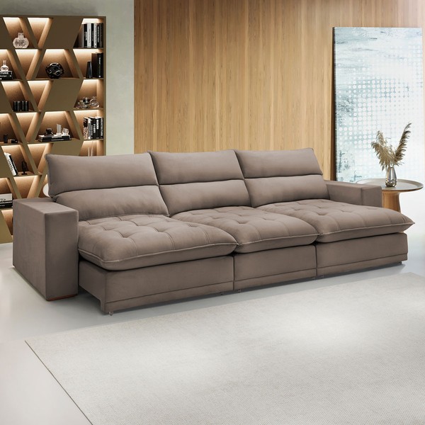 Sofá 4 Lugares Martinho Retrátil Veludo Bege Escuro - Celflex