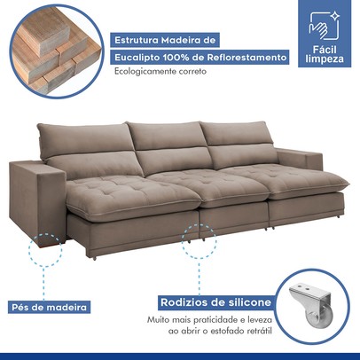 Sofá 4 Lugares Martinho Retrátil Veludo Bege Escuro - Celflex