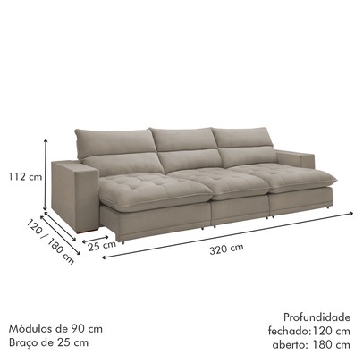 Sofá 4 Lugares Martinho Retrátil Veludo Bege Claro  - Celflex