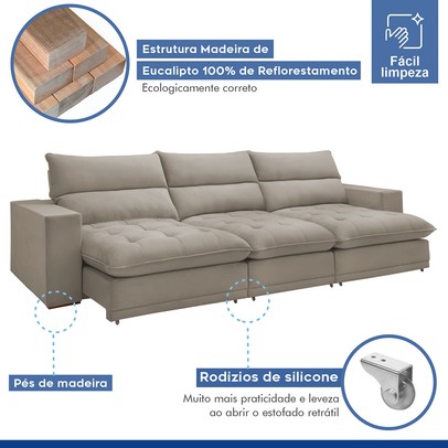 Sofá 4 Lugares Martinho Retrátil Veludo Bege Claro  - Celflex