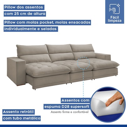 Sofá 4 Lugares Martinho Retrátil Veludo Bege Claro  - Celflex