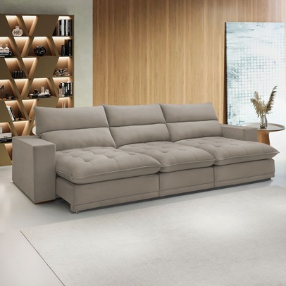 Sofá 4 Lugares Martinho Retrátil Veludo Bege Claro  - Celflex