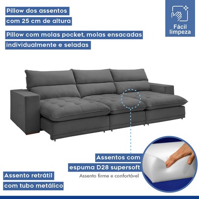 Sofá 4 Lugares Martinho Retrátil Veludo Cinza  - Celflex