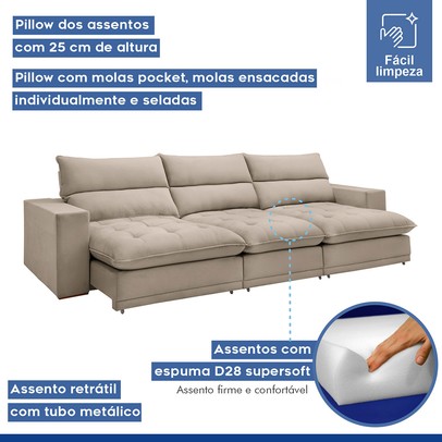 Sofá 4 Lugares Martinho Retrátil Boucle Bege  - Celflex