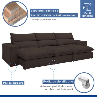 Sofá 5 Lugares Martinho Retrátil 20587 Veludo Marrom  - Celflex