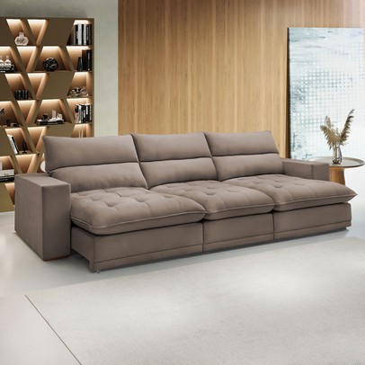 Sofá 5 Lugares Martinho Retrátil 20587 Veludo Bege Escuro - Celflex