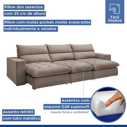 Sofá 5 Lugares Martinho Retrátil 20587 Veludo Bege Escuro - Celflex