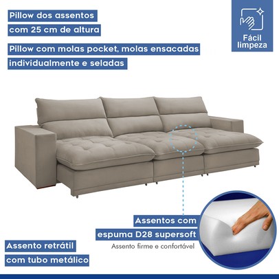 Sofá 5 Lugares Martinho Retrátil 20587 Veludo Bege Claro  - Celflex