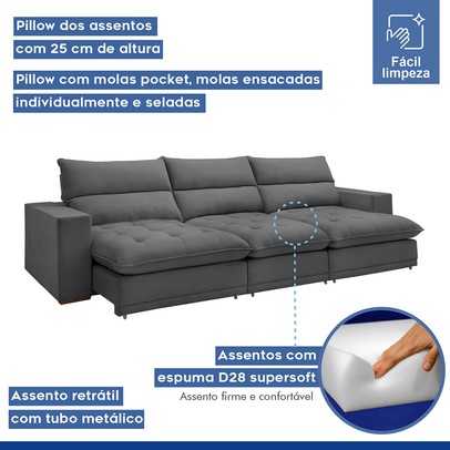 Sofá 5 Lugares Martinho Retrátil 20587 Veludo Cinza  - Celflex