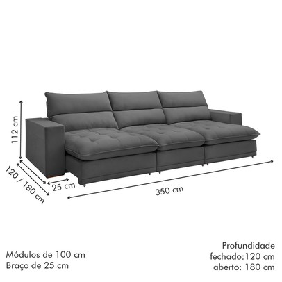 Sofá 5 Lugares Martinho Retrátil 20587 Veludo Cinza  - Celflex