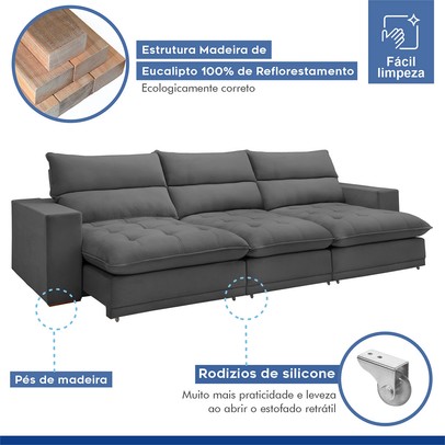 Sofá 5 Lugares Martinho Retrátil 20587 Veludo Cinza  - Celflex