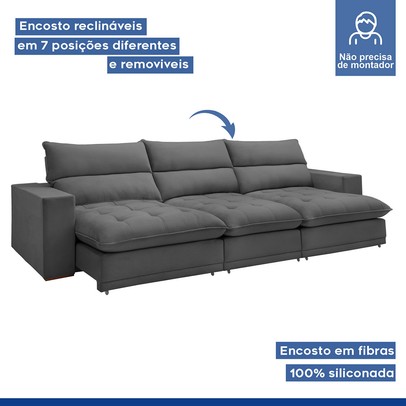 Sofá 5 Lugares Martinho Retrátil 20587 Veludo Cinza  - Celflex