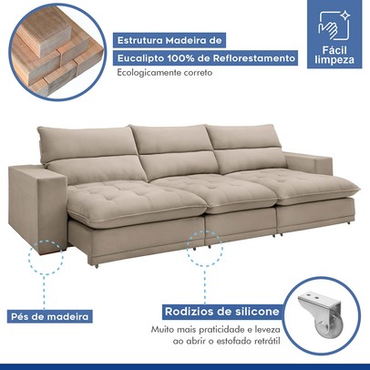 Sofá 5 Lugares Martinho Retrátil 20587 Boucle Bege  - Celflex