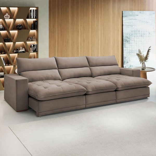 Sofá 5 Lugares Martinho Retrátil Veludo Bege Escuro - Celflex